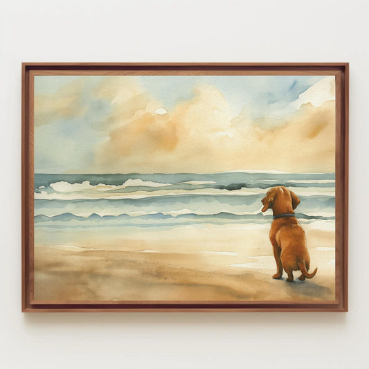 a watercolor painting of a dog on a beach
