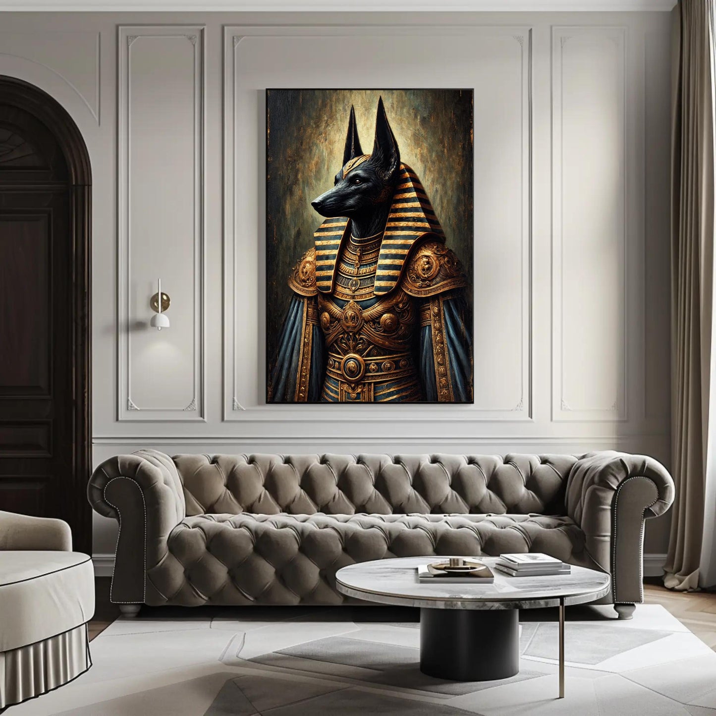 Anubis canvas wall art shown in a living room