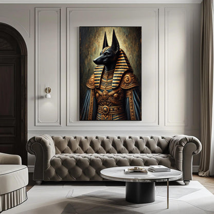 Anubis canvas wall art shown in a living room