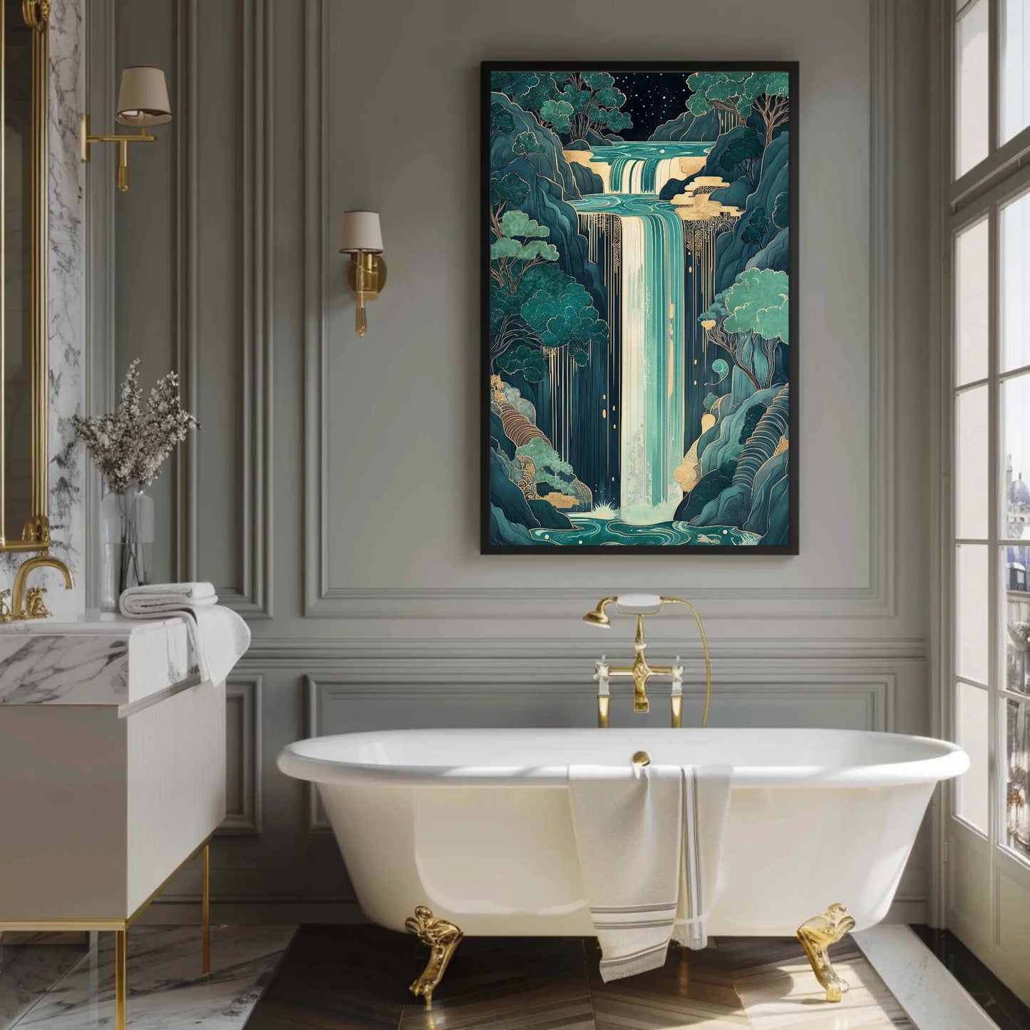 Magical Waterfall canvas wall art shown in a bathroom