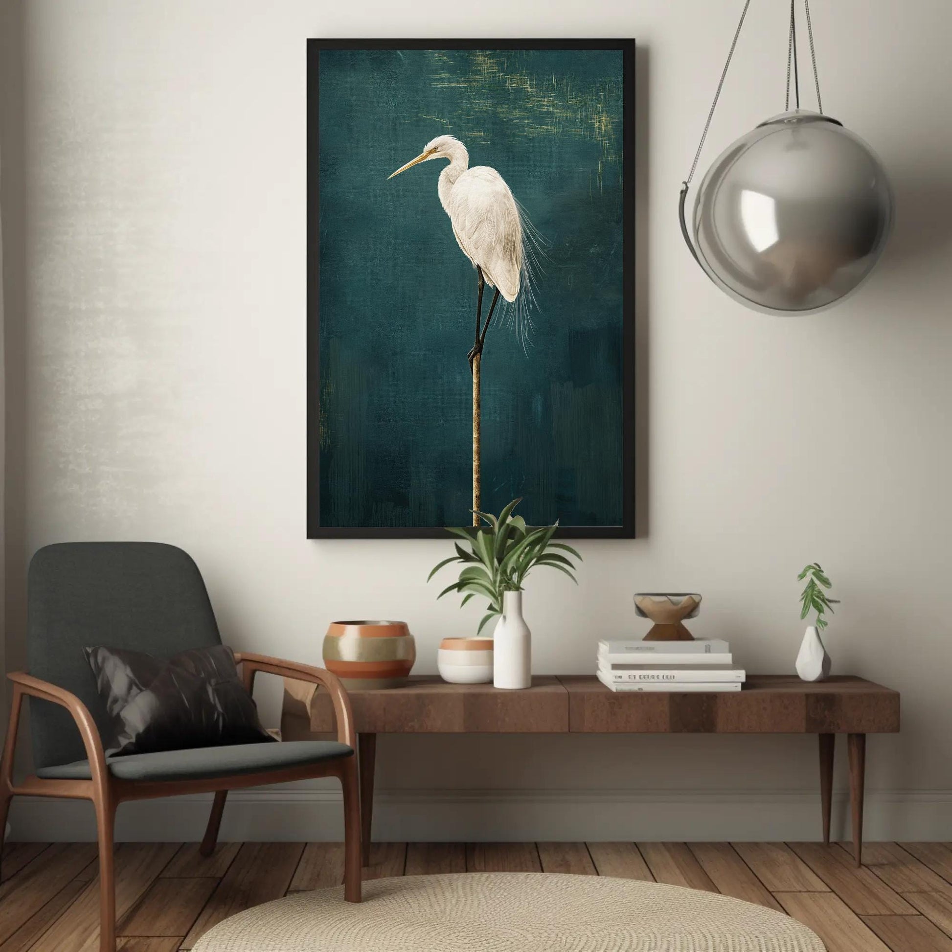 Japanese Crane , Minimalist Tsuru Bird canvas wall art shown in a living room