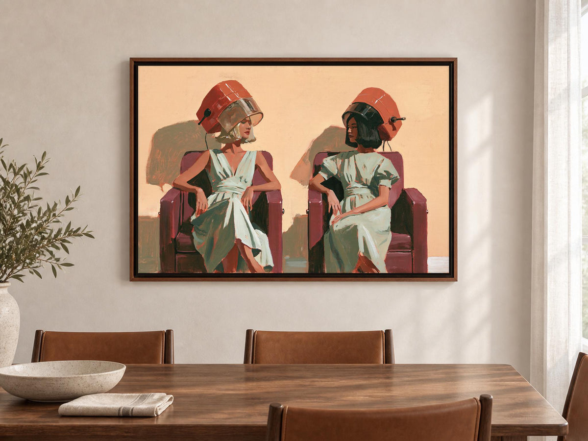 two women sitting in chairs, each wearing a hair dryer on their head, in a stylized and artistic manner.