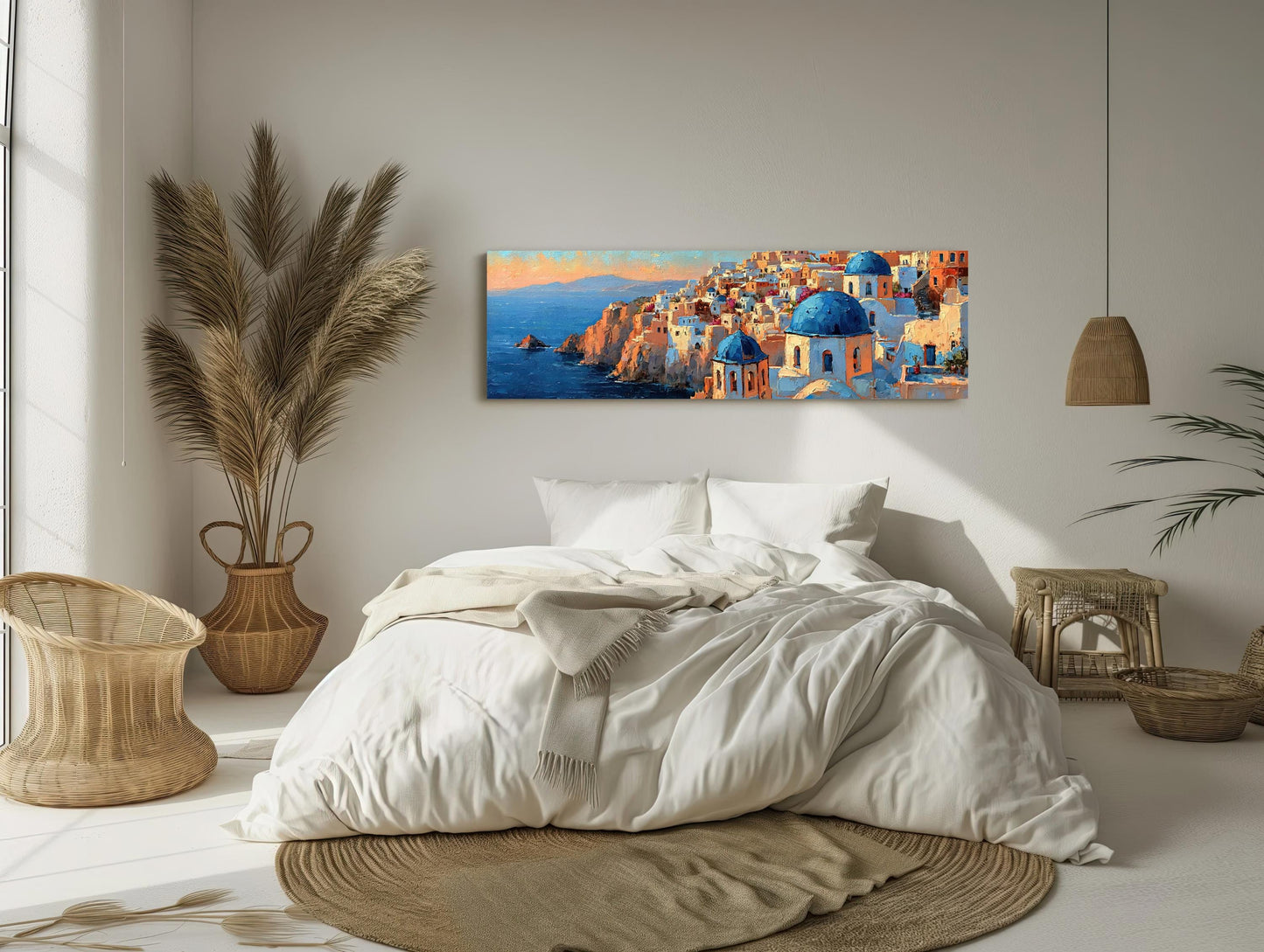 Santorini Cliffside Painting canvas wall art shown in a bedroom