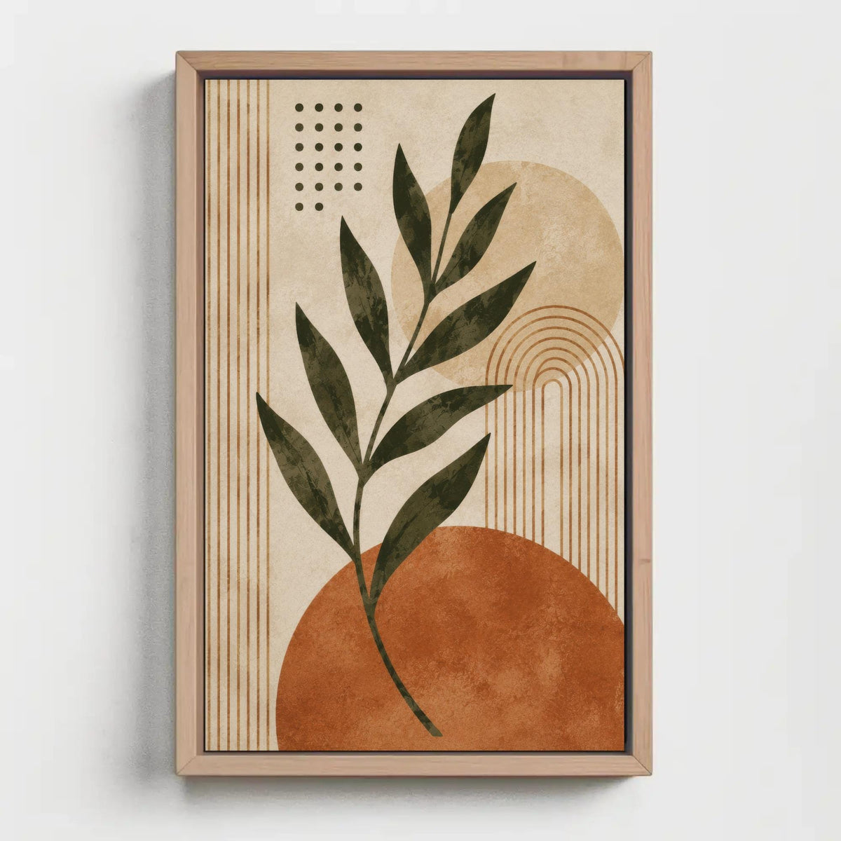 Boho leaf and sun canvas wall art, image is a framed artwork featuring a stylized plant with green leaves and a large orange