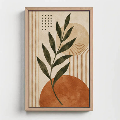 Boho leaf and sun canvas wall art, image is a framed artwork featuring a stylized plant with green leaves and a large orange