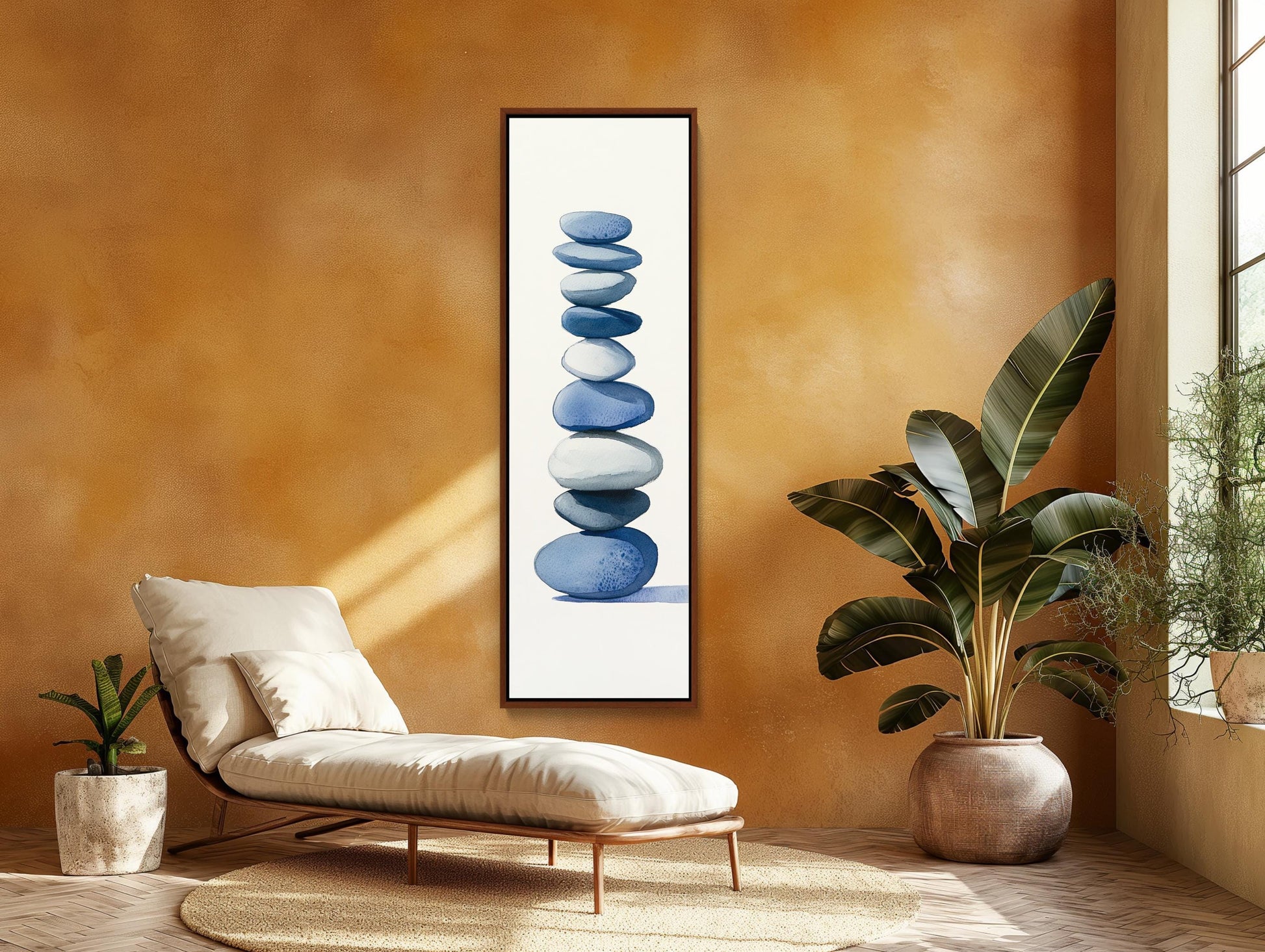 Minimalist Zen canvas wall art shown in a living room