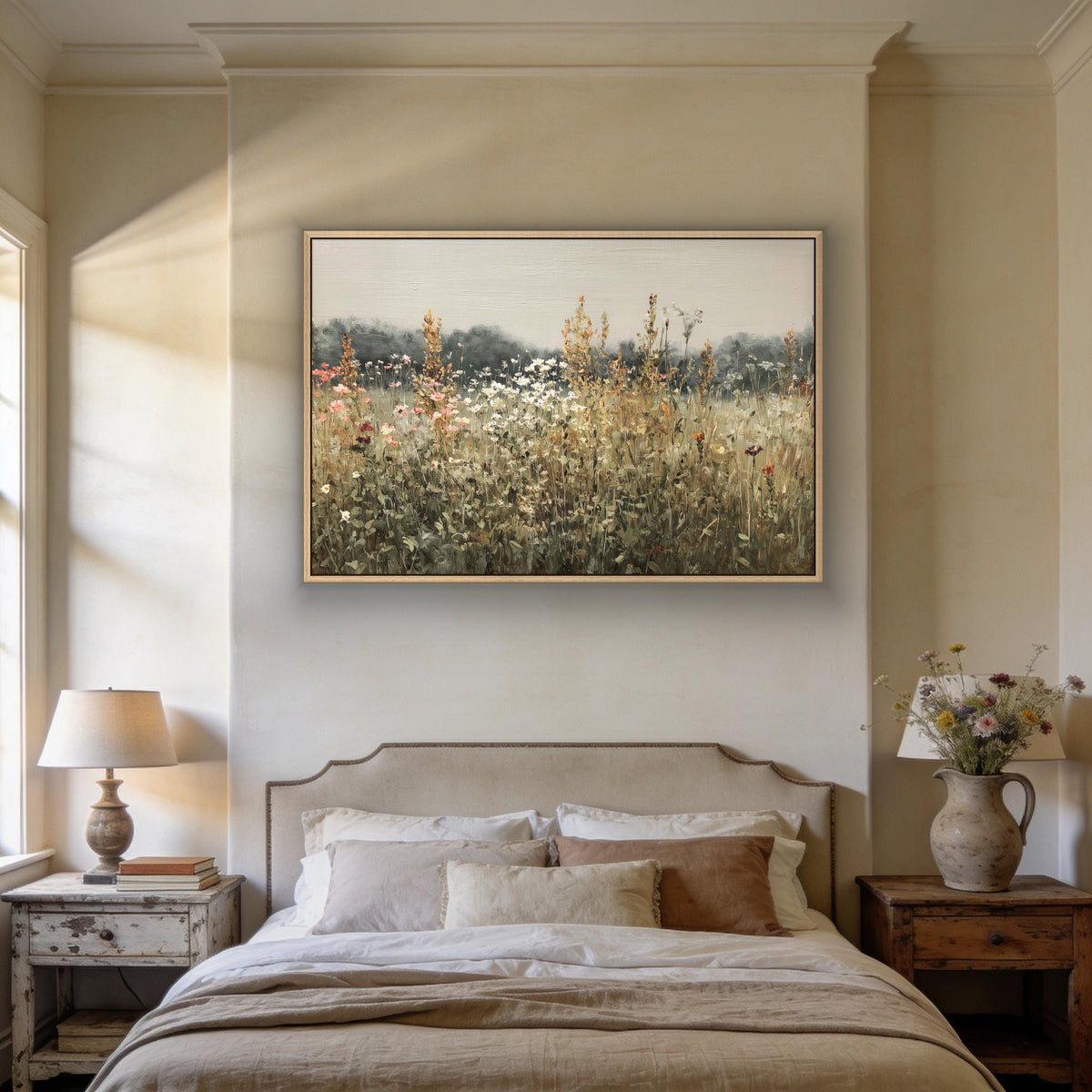 Sage wildflower meadow canvas wall art, serene bedroom scene with a large bed, a nightstand, and a framed landscape painting