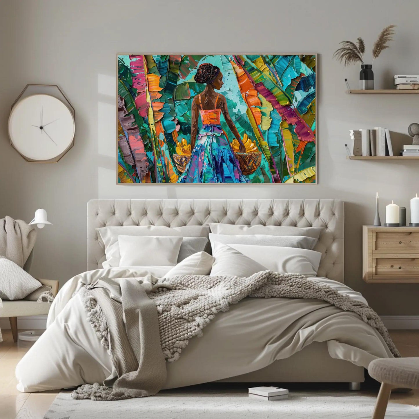 Caribbean Woman canvas wall art shown in a bedroom (view 3)