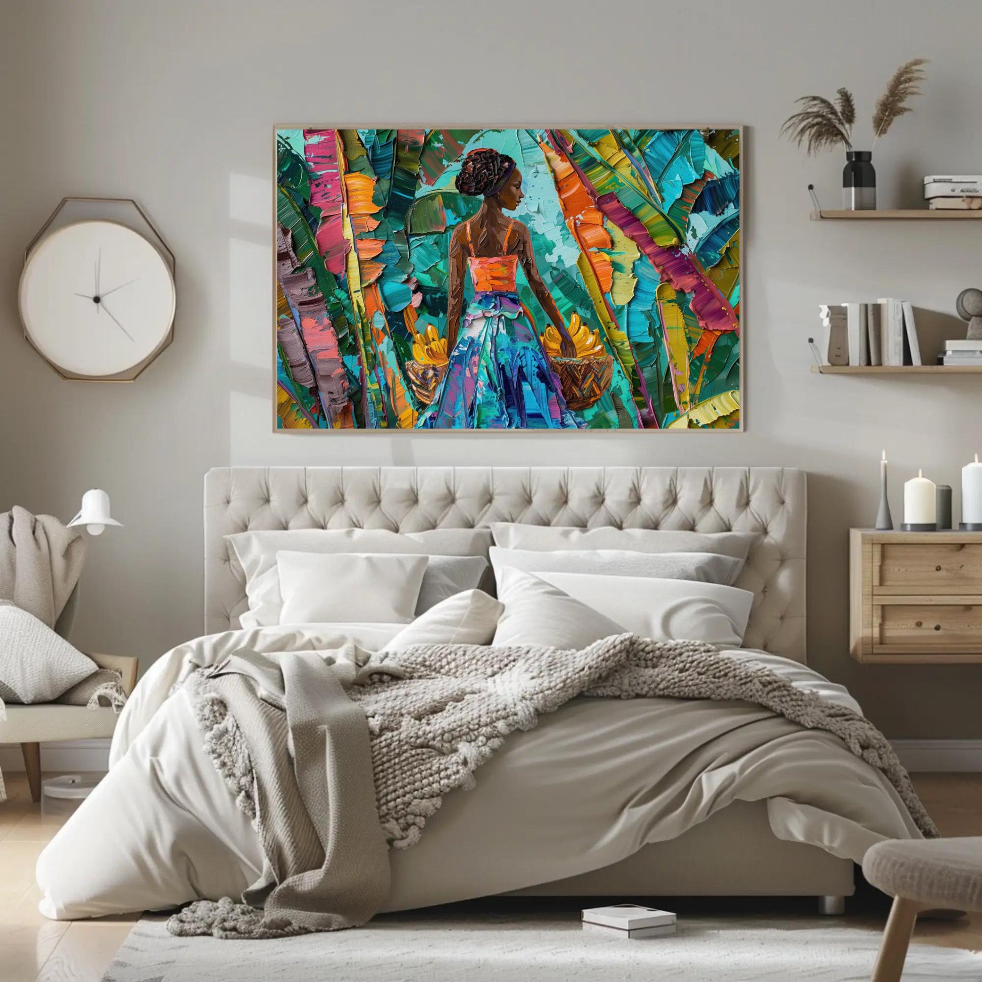 Caribbean Woman canvas wall art shown in a bedroom (view 3)