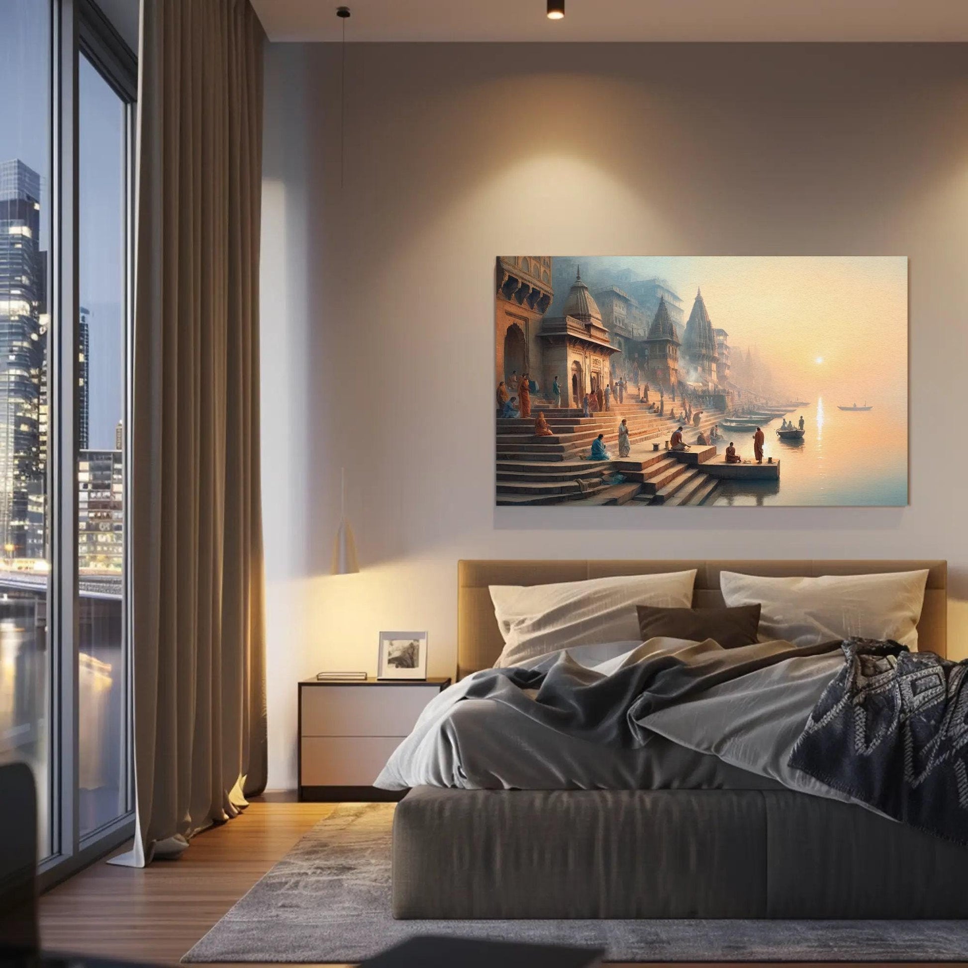 Varanasi canvas wall art shown in a bedroom