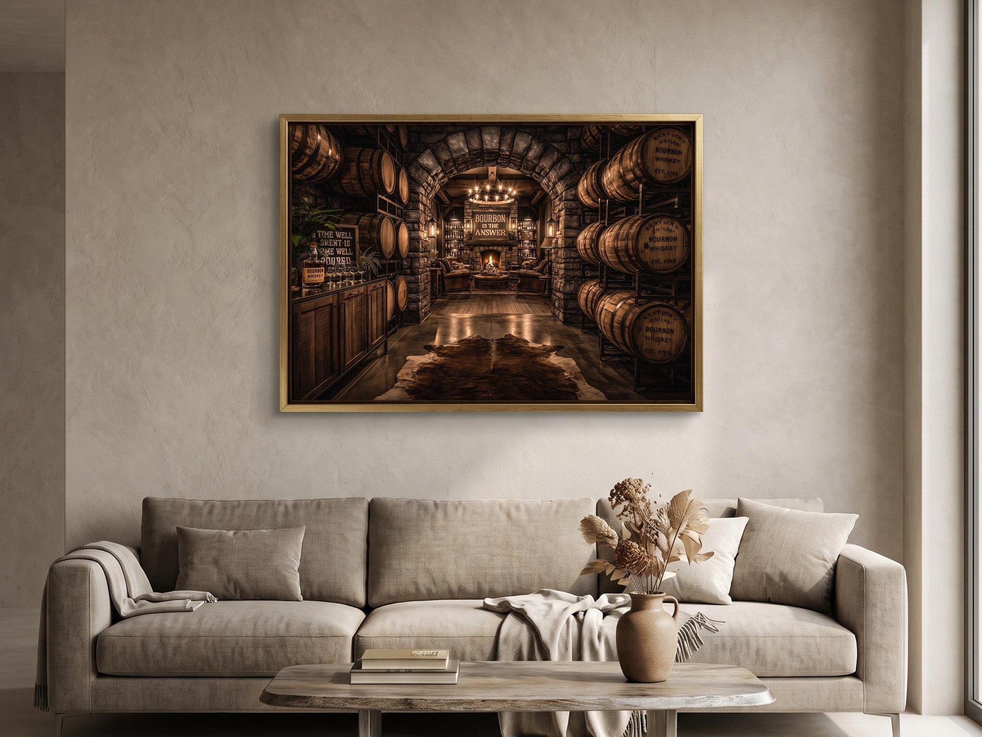 a cozy living room with a large framed picture of a wine cellar hanging on the wall above a beige sofa. The sofa is adorned with a vase of flowers and a stack of books, creating a warm and inviting atmosphere.