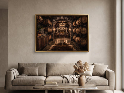 a cozy living room with a large framed picture of a wine cellar hanging on the wall above a beige sofa. The sofa is adorned with a vase of flowers and a stack of books, creating a warm and inviting atmosphere.