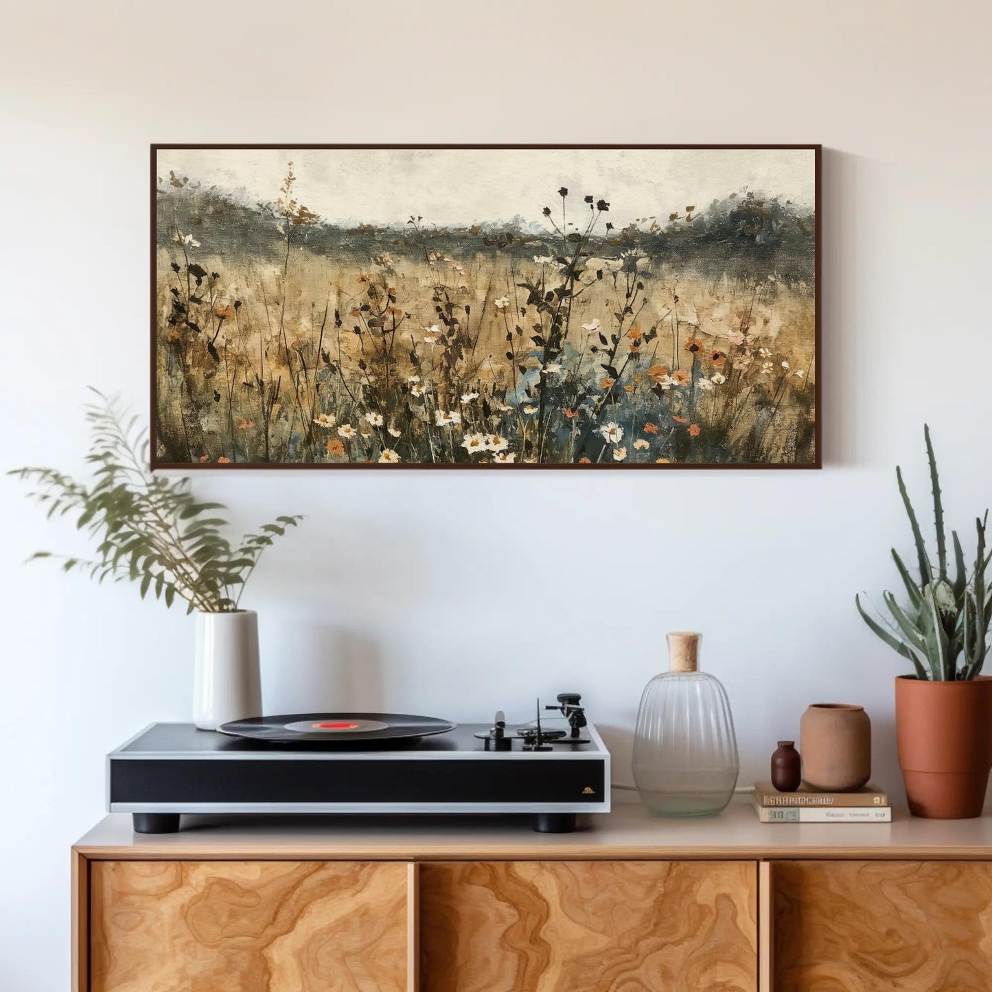 Wildflower Field , Moody Botanical Landscape Art canvas wall art shown above a cabinet (view 2)
