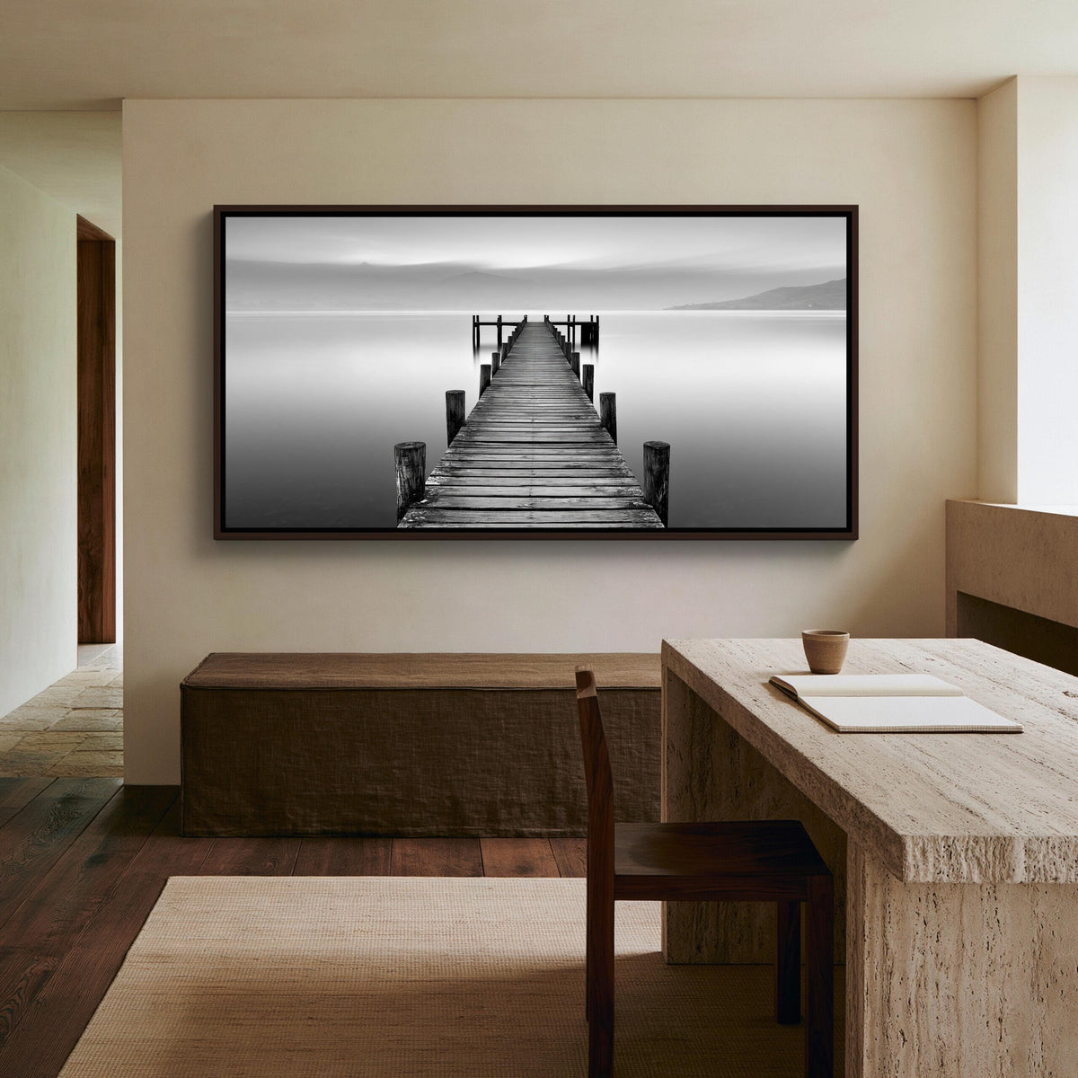 Black and white lake pier canvas wall art, large black and white photograph of a wooden pier extending into a calm body of