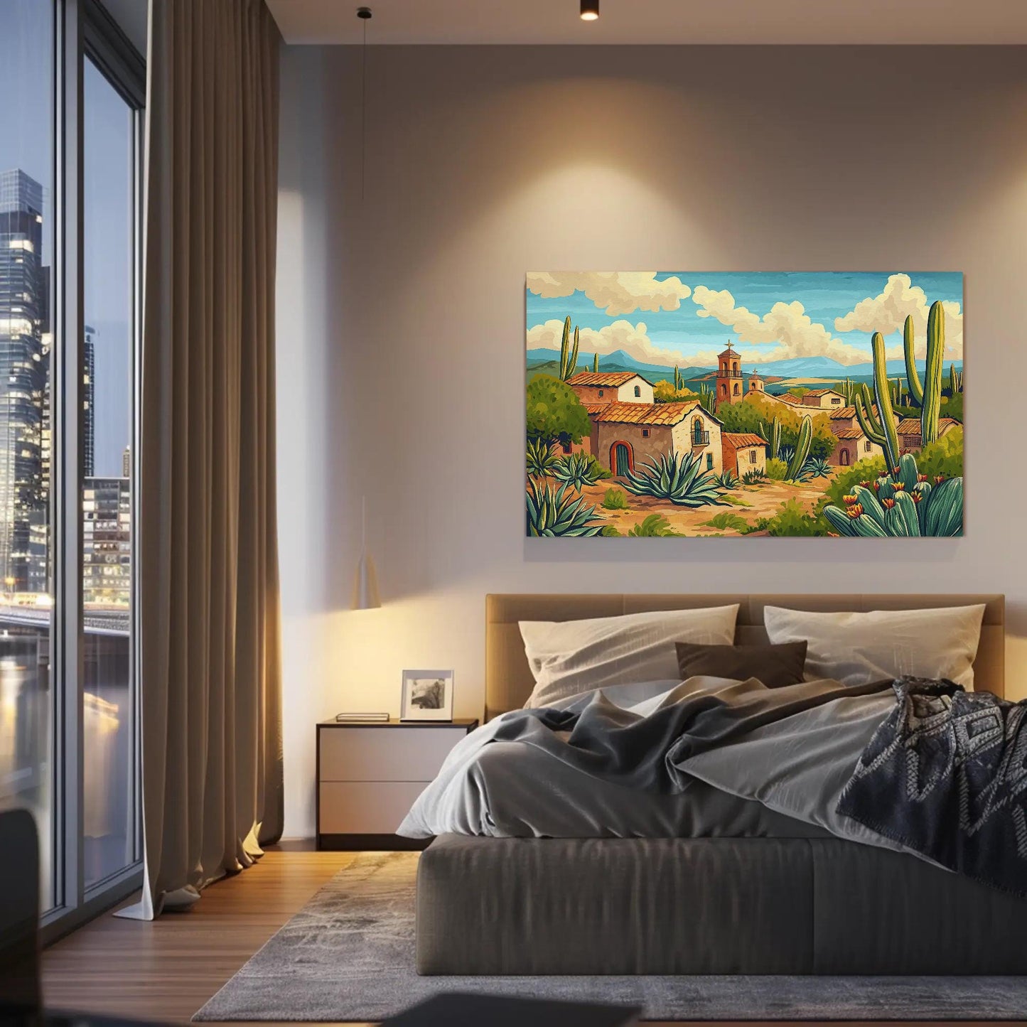 Mexican Desert canvas wall art shown in a bedroom