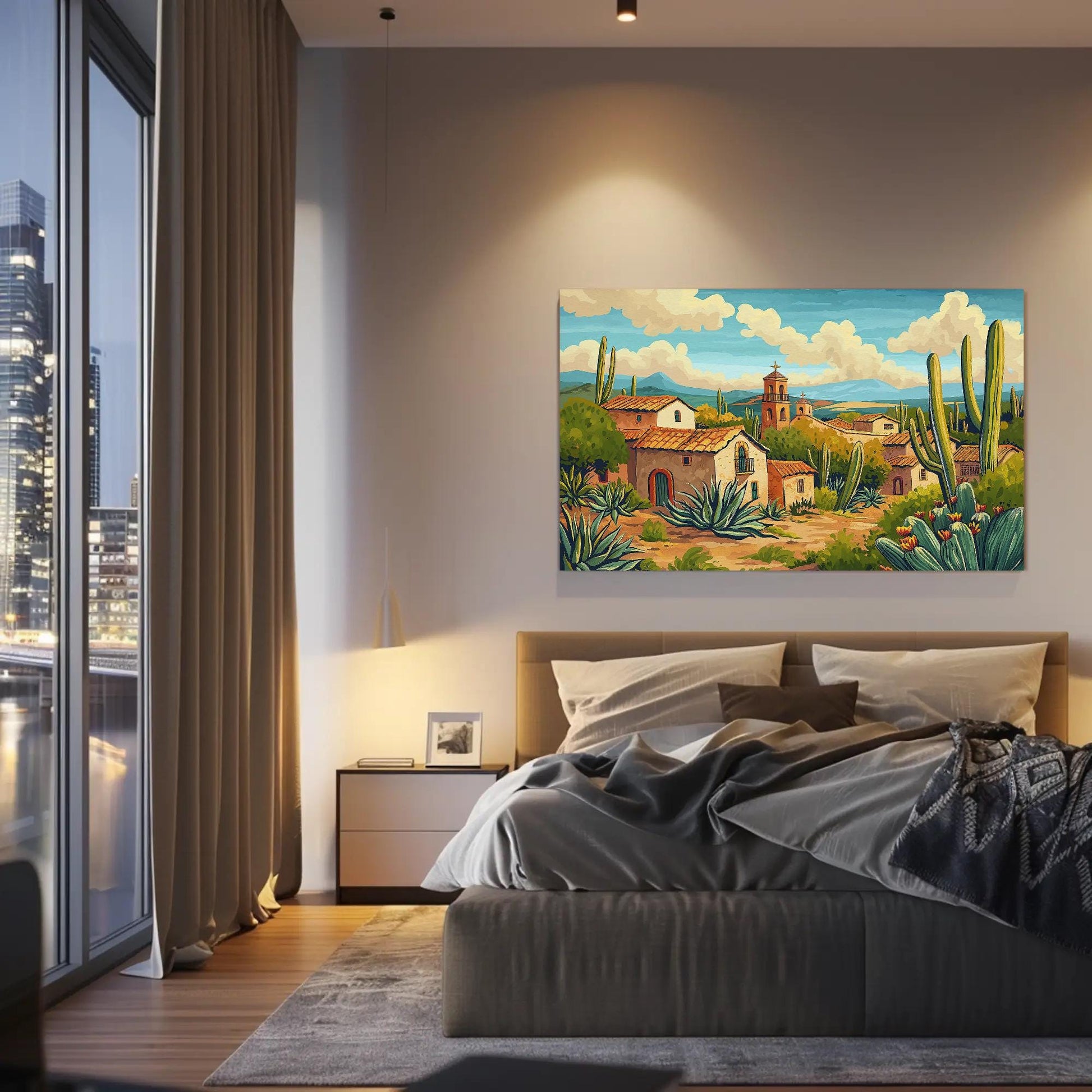 Mexican Desert canvas wall art shown in a bedroom