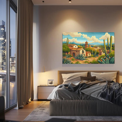 Mexican Desert canvas wall art shown in a bedroom