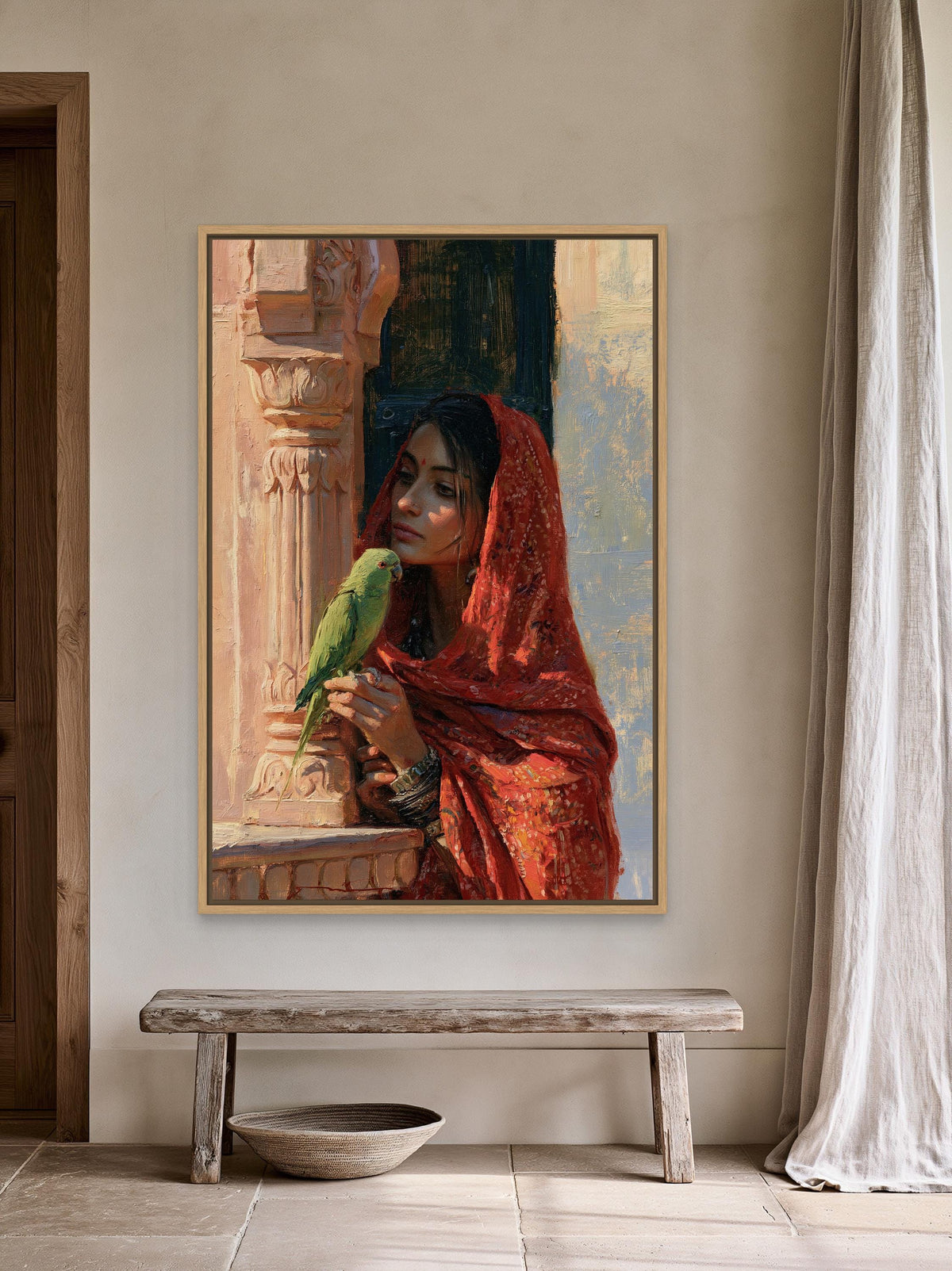 Rajasthani woman with parakeet canvas wall art, woman wearing a red shawl and holding a green parrot, standing in front of a