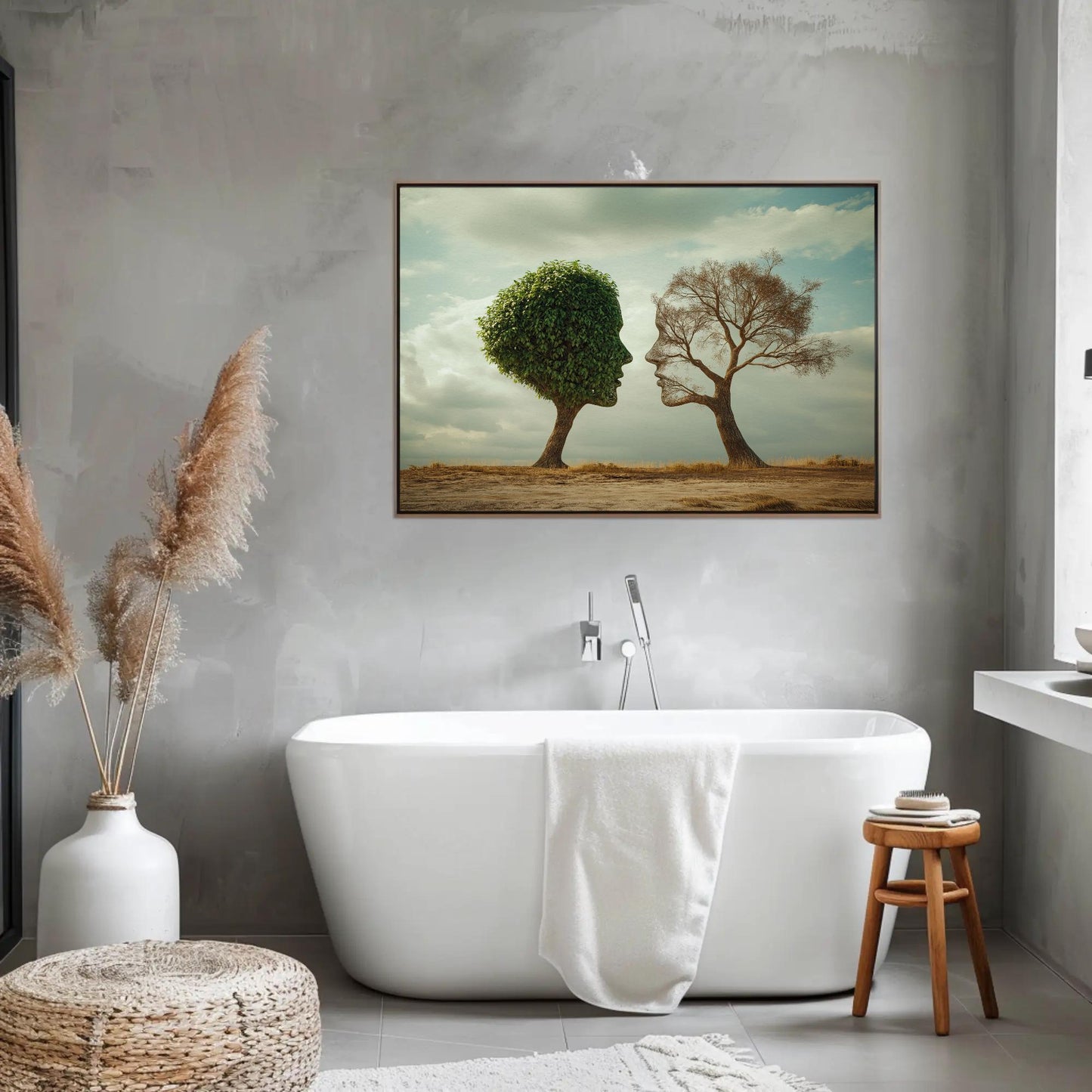Two Faced Nature canvas wall art shown in a bathroom