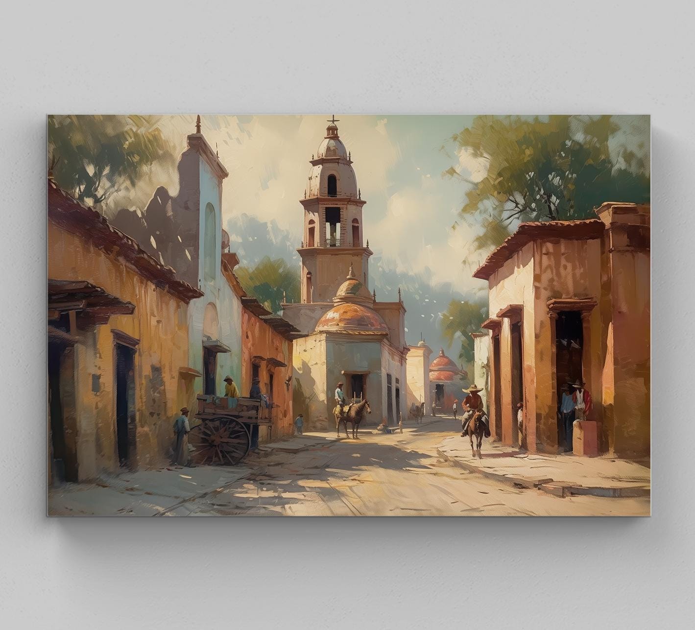 Mexican Village Painting, Vibrant Mexican Wall Art, Colorful Landscape Canvas