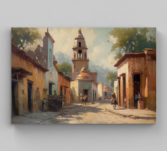 Mexican Village Painting - Vibrant Mexican Wall Art | Colorful Landscape Canvas