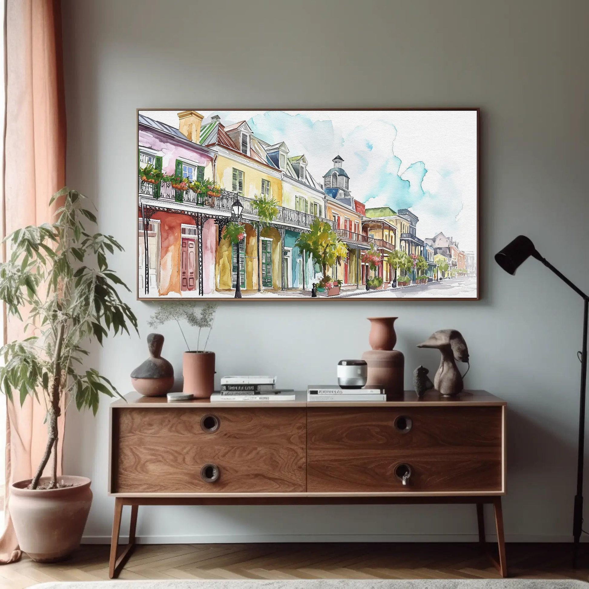 French Quarter , New Orleans Watercolor canvas wall art shown in a styled room
