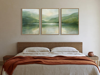 Misty sage lake triptych canvas wall art, bedroom with a bed and a painting of a landscape above it. The painting is divided