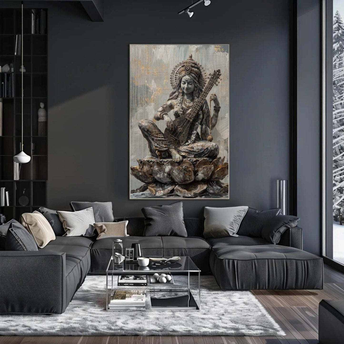 Saraswati Hindu Goddess Art canvas wall art shown in a living room (view 2)
