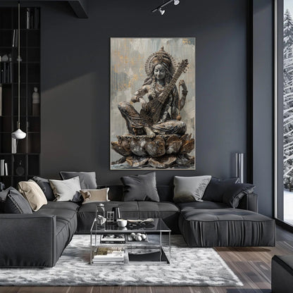 Saraswati Hindu Goddess Art canvas wall art shown in a living room (view 2)