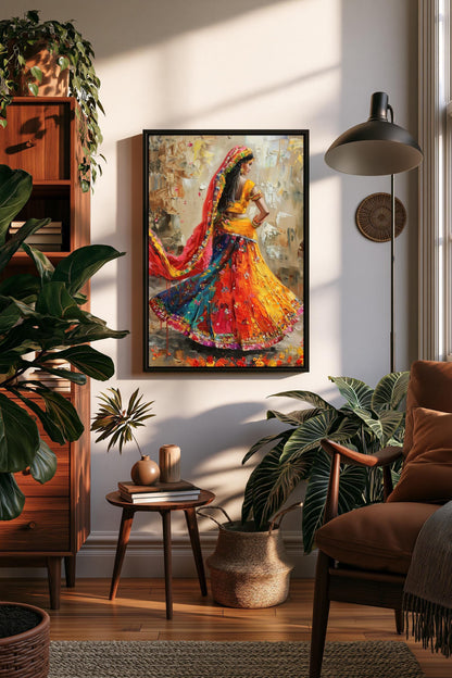 Rajasthani lehenga dancer canvas wall art in a room setting