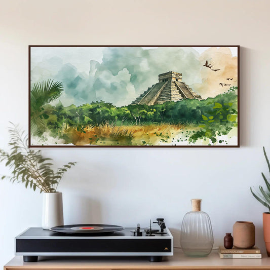 Chichen Itza Canvas Print – Framed Watercolor Wall Art | Yucatán Landscape