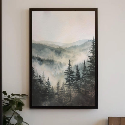 Misty Pine Forest Canvas, Framed Woodland Wall Art, Serene Nature Decor
