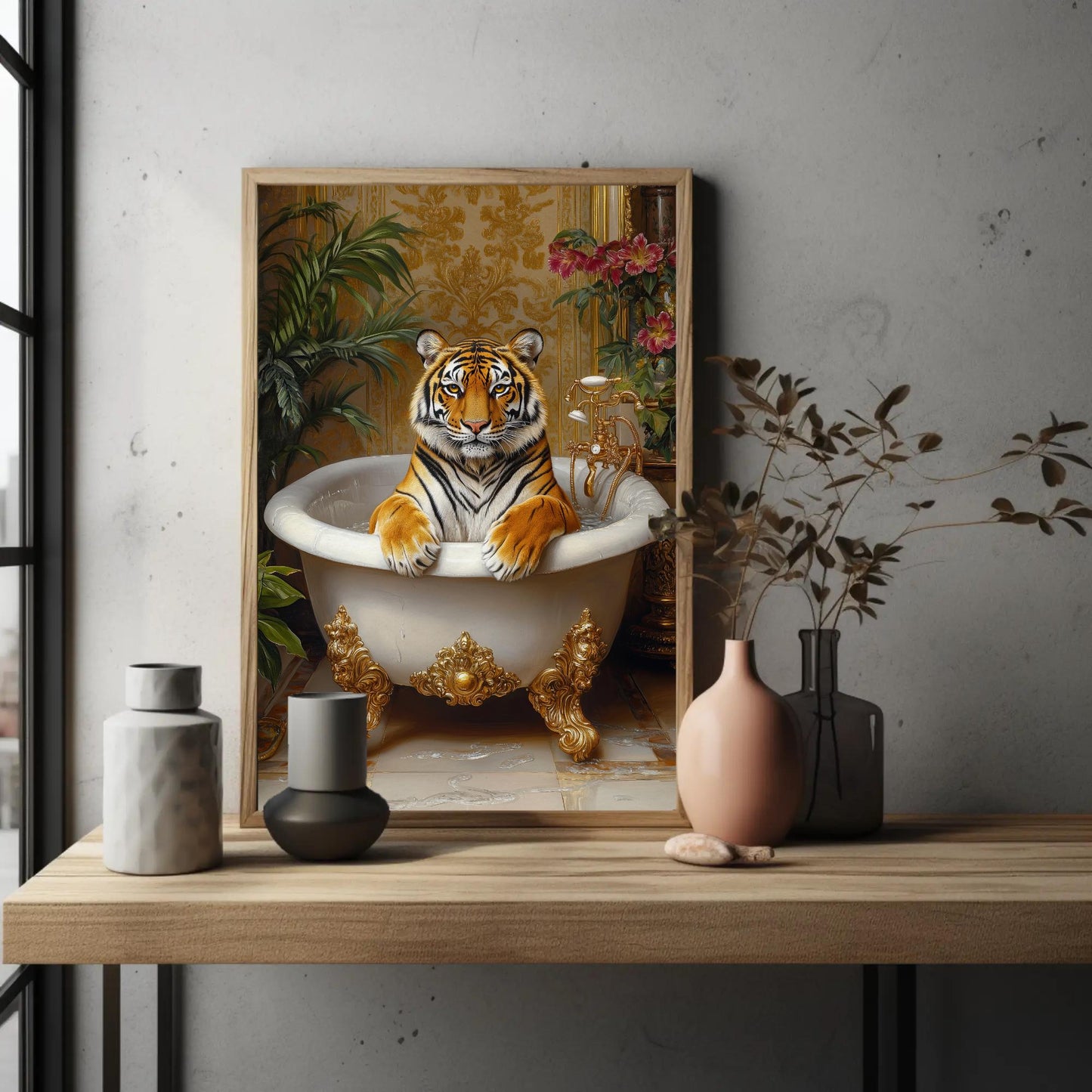 Tiger Bath canvas wall art shown in a styled room (view 2)