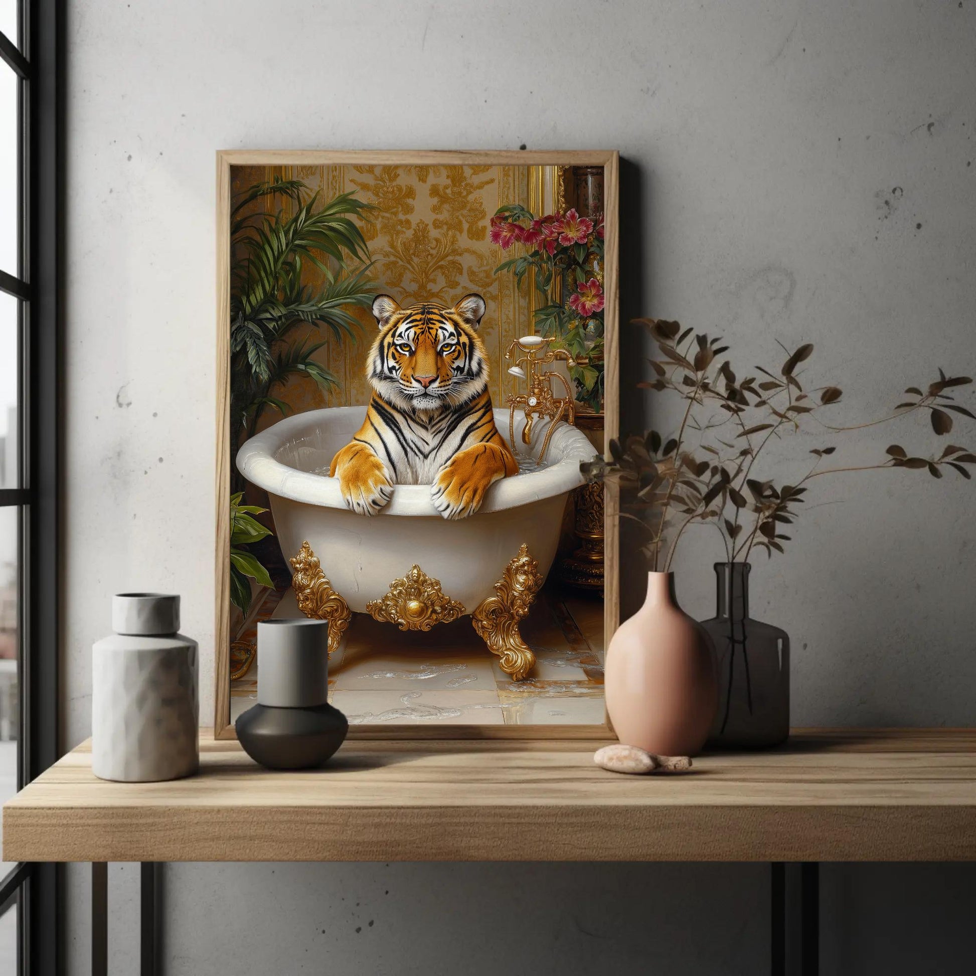 Tiger Bath canvas wall art shown in a styled room (view 2)