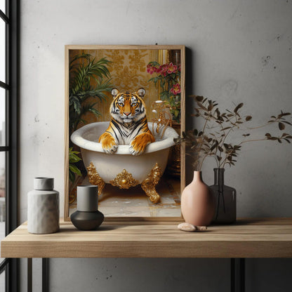 Tiger Bath canvas wall art shown in a styled room (view 2)
