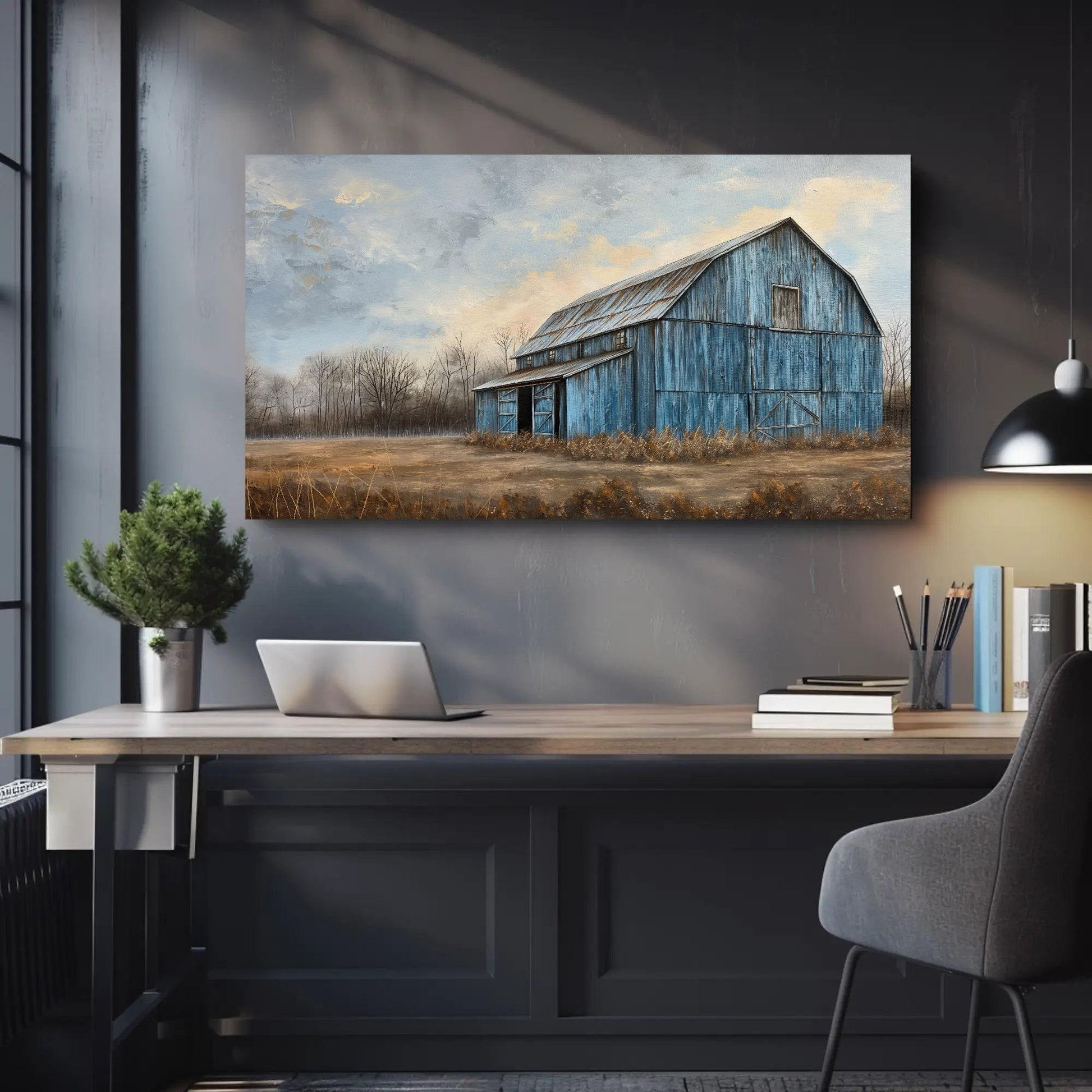 Blue Barn Landscape rustic farmhouse canvas wall art, ready to hang