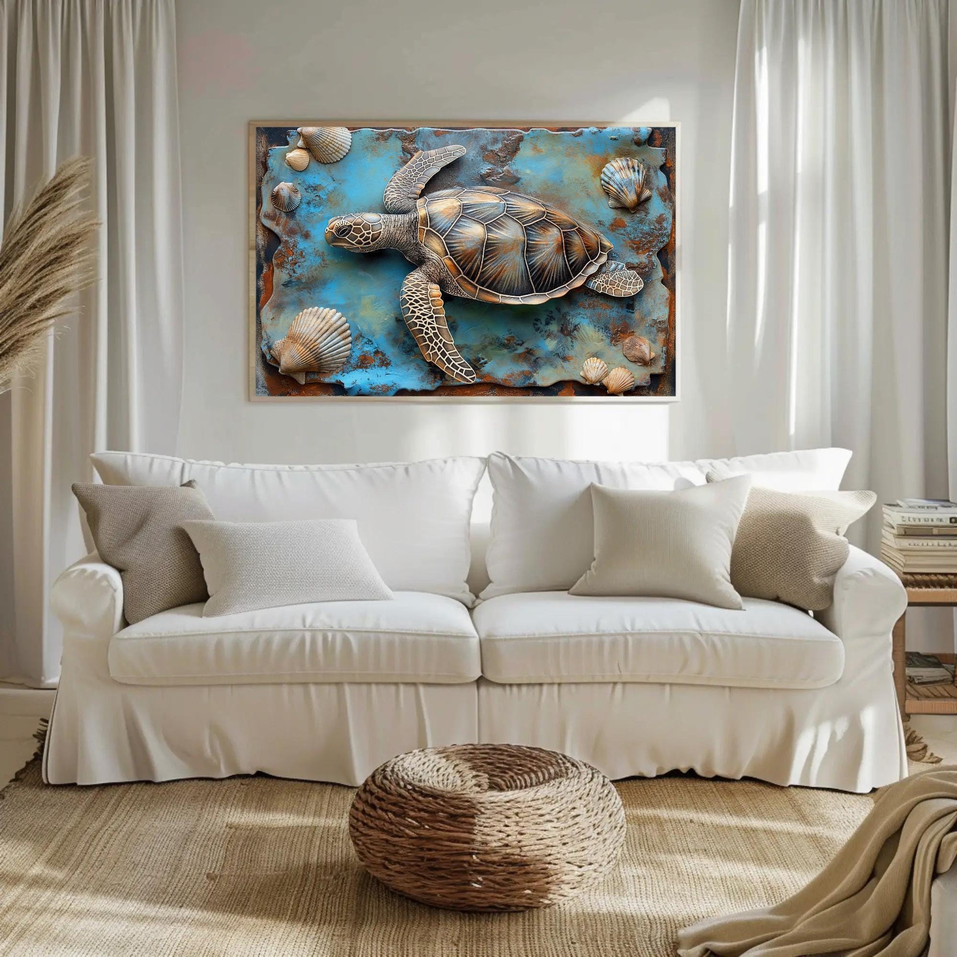 3D Sea Turtle Art canvas wall art shown in a living room