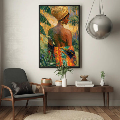 Caribbean woman in head wrap canvas wall art, large painting of a woman with a colorful dress hanging on a wall above a