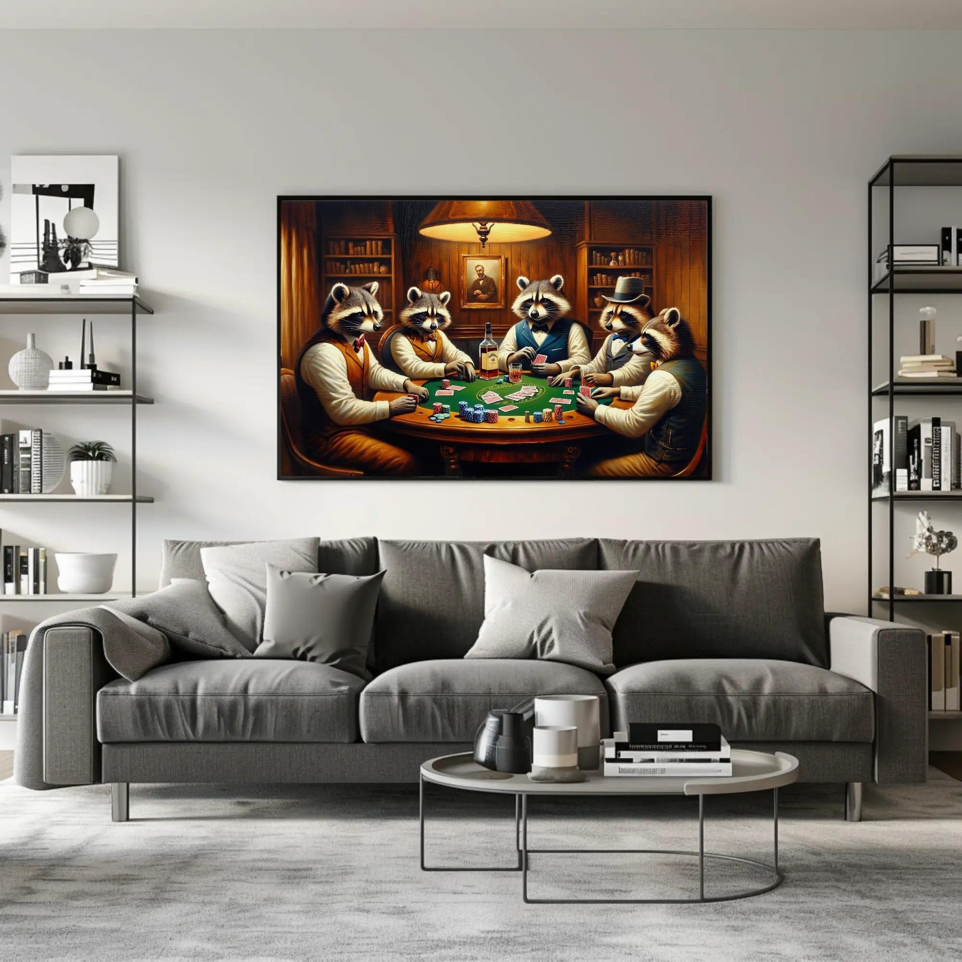 Raccoons Playing Poker art deco canvas wall art, ready to hang (view 2)