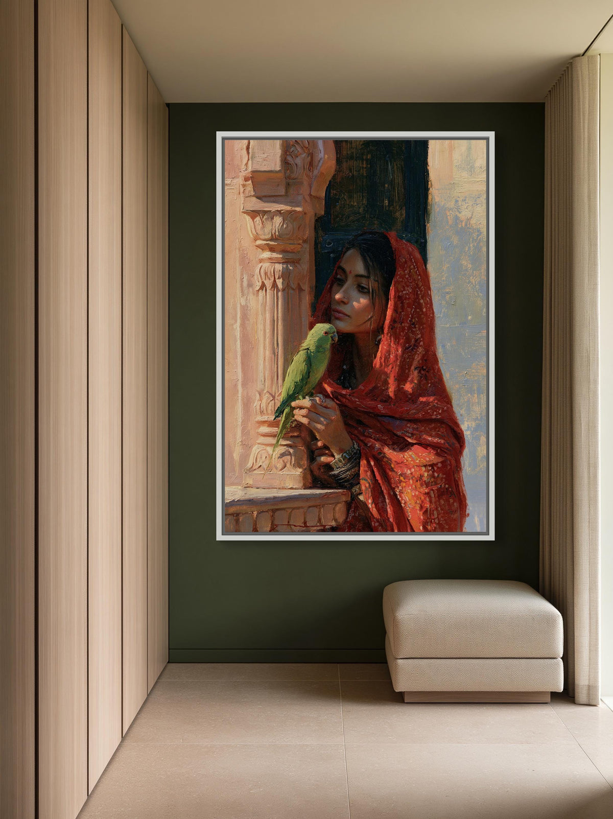 Rajasthani woman with parakeet canvas wall art, woman in a red shawl holding a green parrot, standing in a room with a