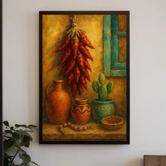 a painting of a potted plant next to a window