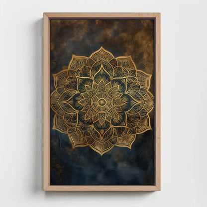 Gold Mandala canvas wall art shown in a styled room