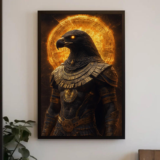 a large, ornate statue of a bird, possibly a hawk or an eagle, with intricate details and a golden hue. The statue is set against a backdrop of a circular design with a radiant, fiery glow at its center. The statue appears to be a prominent piece of art or decoration, displayed on a wall.