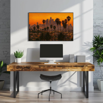 Los Angeles Sunset canvas wall art shown above a desk