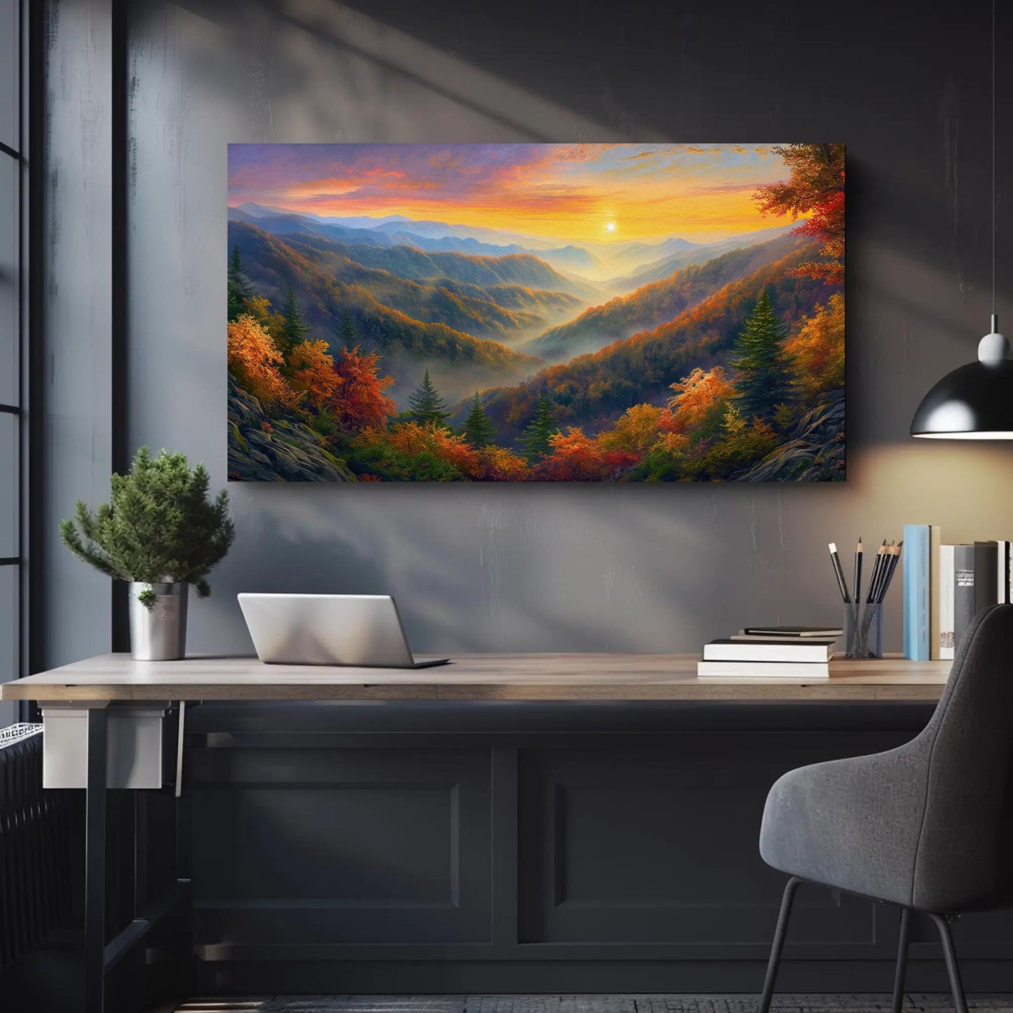 a painting on a wall above a desk