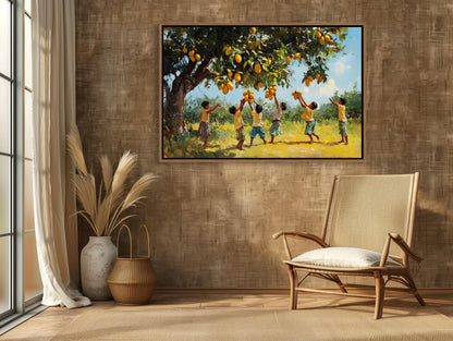 Indian Kids Mango Tree , Desi Children canvas wall art shown in a styled room (view 3)