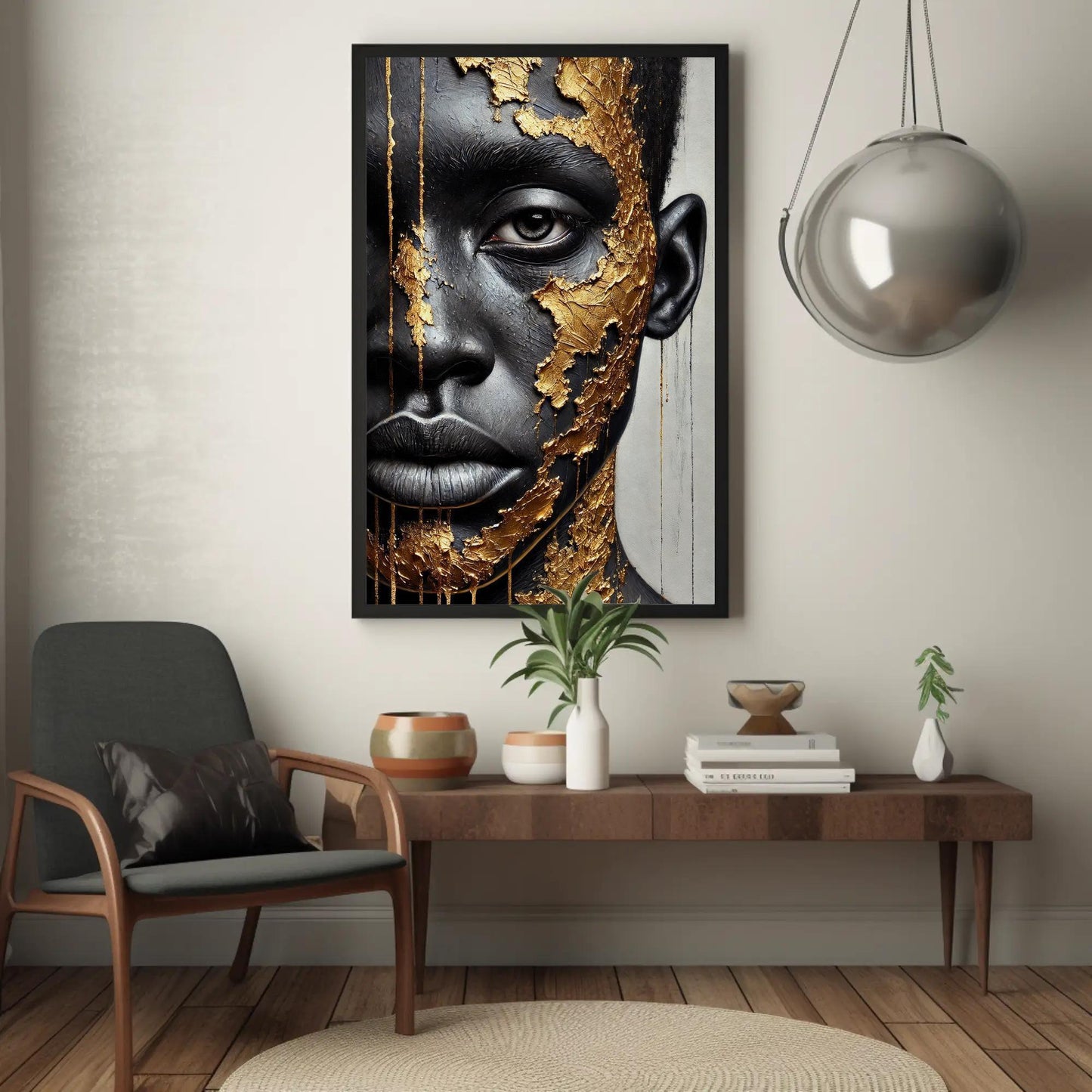 Black Boy Gold Portrait canvas wall art shown in a living room (view 3)