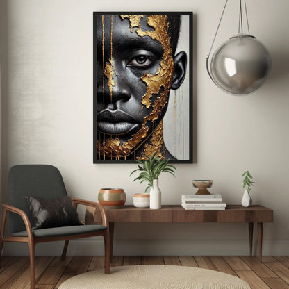 Black Boy Gold Portrait canvas wall art shown in a living room (view 3)