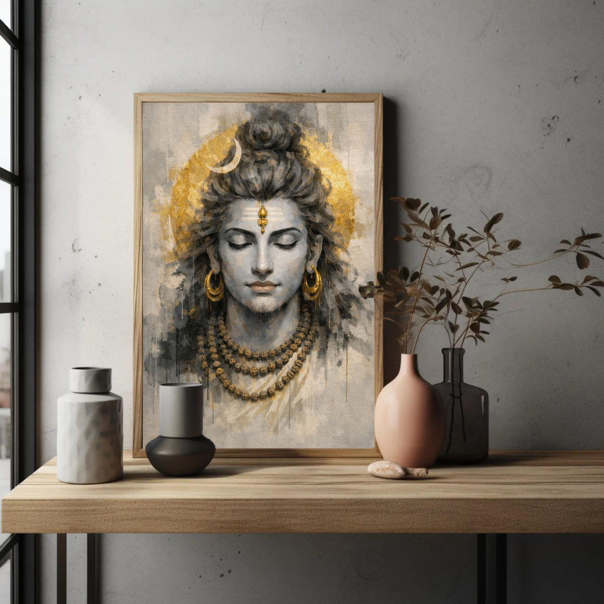 Meditating Lord Shiva canvas wall art, framed painting of a deity with a golden headdress, placed on a wooden shelf next to