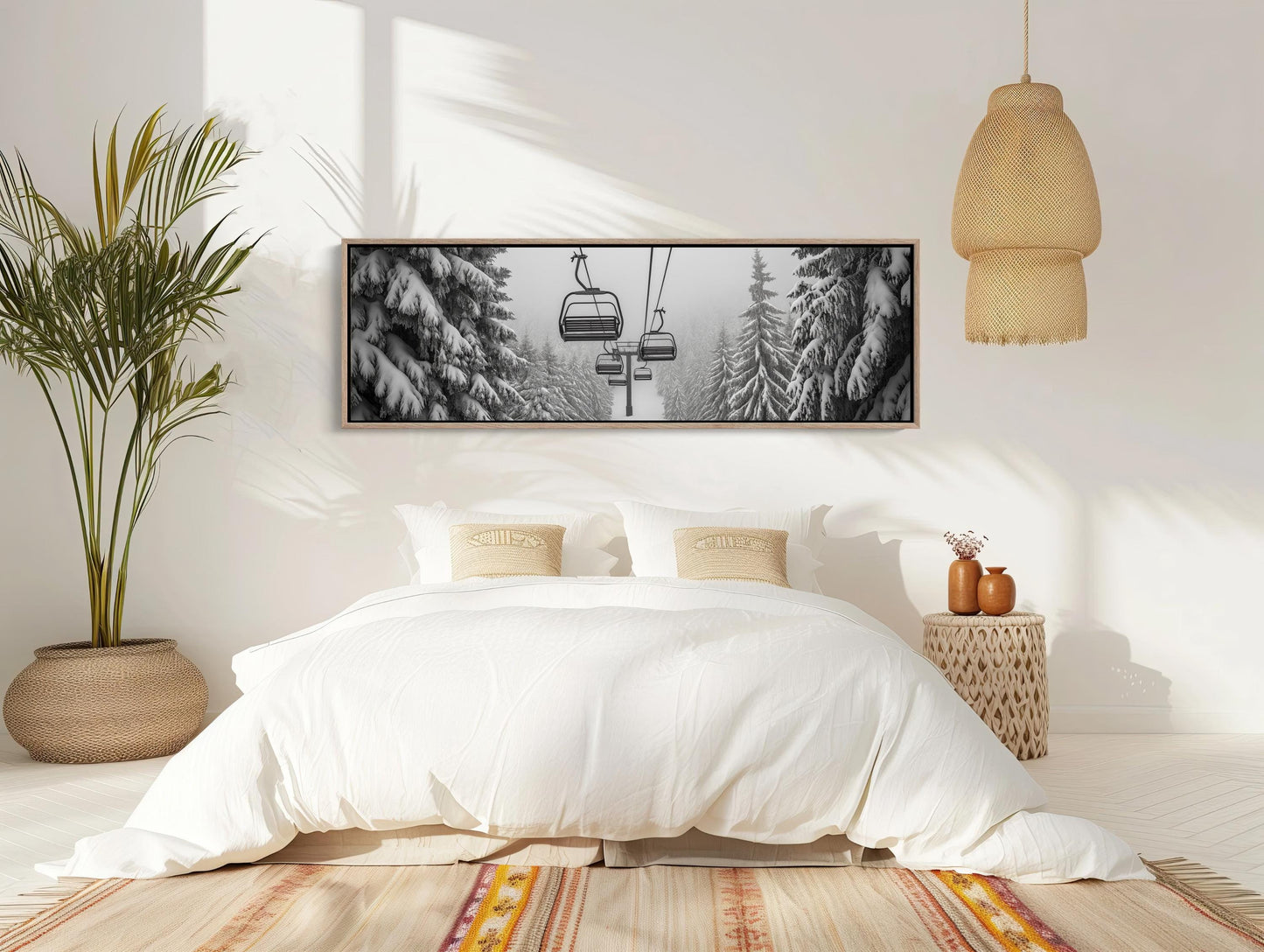 Ski Lift , Panoramic Winter Mountain canvas wall art shown in a bedroom (view 2)